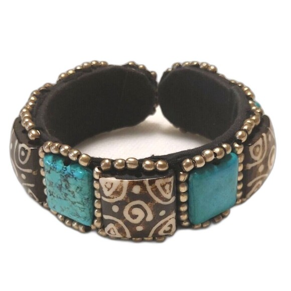 Vtg Rare Tibetan Old Cinnabar & Turquoise Boho Chic Cuff Bracelet Blue Black